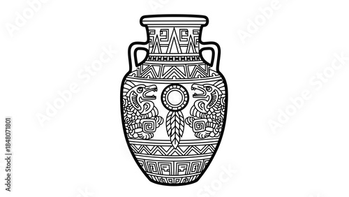 Ancient mayan pottery with intricate dragon and geometric designs isolated on white.