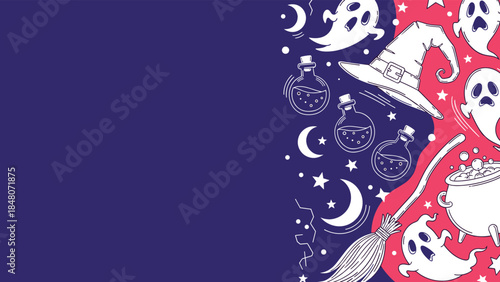 Whimsical Halloween background with hand-drawn ghosts, a witch hat, and a cauldron, featuring a large purple copy space area.