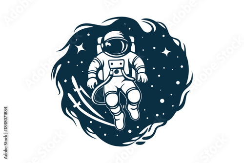 Silhouette Astronaut Floating in Space, Stars and Cosmic Cloud Details, Single Color
