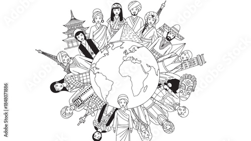 Global circle of people around a shared globe symbolizing unity and cultural diversity.
