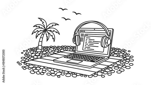 Laptop with headphones on a beach towel with palm tree and birds, representing remote work