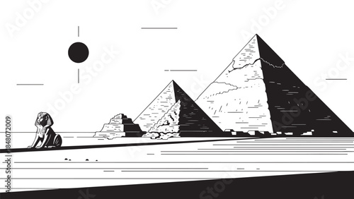 Silhouette of a traveler beside ancient pyramids in a minimalist desert landscape.