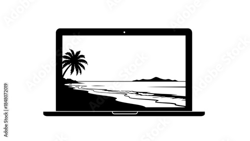 Laptop screen displays tropical beach scene with palm tree and ocean view, minimalist vector