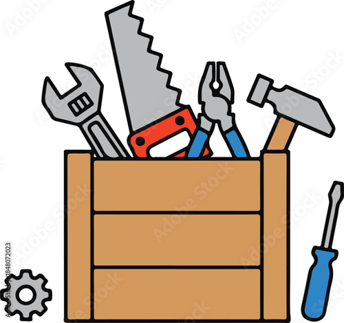 Carpenter's wooden toolbox with hand tools, organized and functional vector illustration