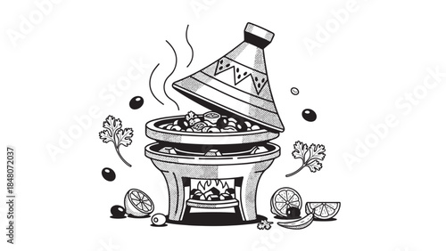 Whimsical barbecue grill illustration with sizzling food and decorative flames around a pot and vegetables.