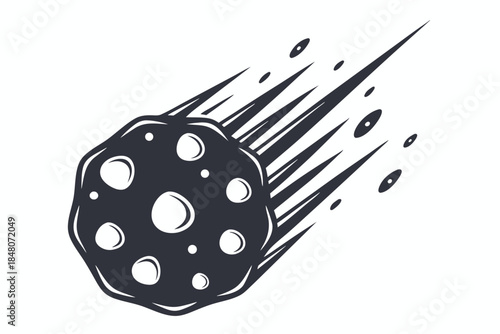 Monochrome Meteor Icon with Trail, Retro Asteroid Silhouette Isolated on White Backdrop