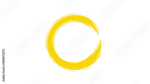Yellow zen enso circle painted with a dynamic, textured brush stroke, isolated on a white background representing infinity and calm.