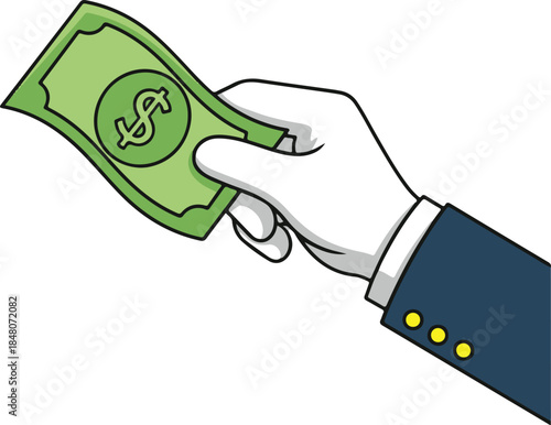 Gloved hand holding green banknote, formal and transactional vector illustration