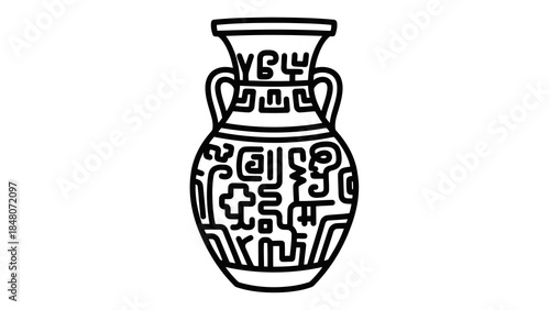 Ancient ornate pottery vase with abstract geometric patterns and handles, isolated illustration