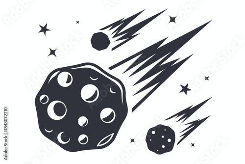 Black and White Asteroid Icons with Tails, Stars and Craters, Isolated Elements