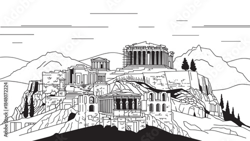 Ancient Greek Acropolis ruins perched on a rocky hill with classical temples and distant landscape.