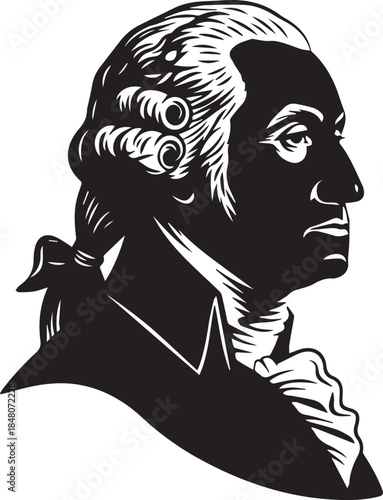 Silhouette profile portrait of a historical figure in powdered wig