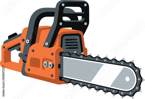 Heavy-duty orange gasoline chainsaw, isometric perspective vector illustration