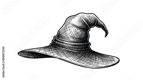 Detailed vintage-style ink drawing of a classic pointy witch or wizard hat, created with intricate cross-hatching shading.
