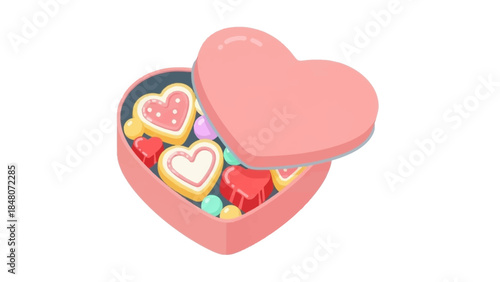Whimsical Heart-Shaped Candy Box Filled with Colorful Sweet Treats and Heart Decoratives for