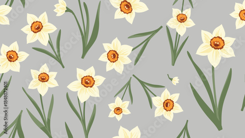 Charming seamless floral pattern of stylized yellow and cream daffodil flowers with green stems, set against a soft gray background.