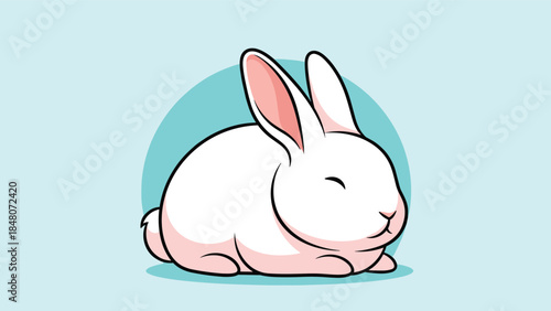 Adorable cartoon illustration of a cute, fluffy white rabbit sitting contentedly against a simple light blue circular background.