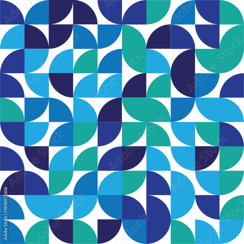 Abstract Geometric Quilt Pattern in Blue, Teal, and Green with Circular Segments