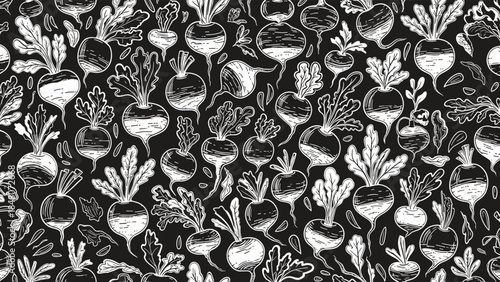 Hand-drawn beets and turnips create a striking black and white seamless vegetable pattern perfect for rustic or farm-themed designs.