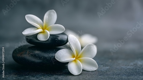 Smooth black stones are balanced vertically and adorned with delicate white blossoms