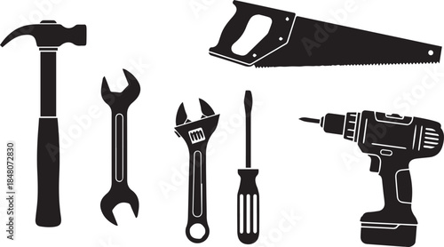 Collection of hand tools and power drill silhouettes for diy and construction projects