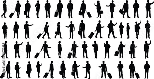 Business traveler silhouettes, walking with luggage, corporate people in motion, airport scene, professional attire, isolated background