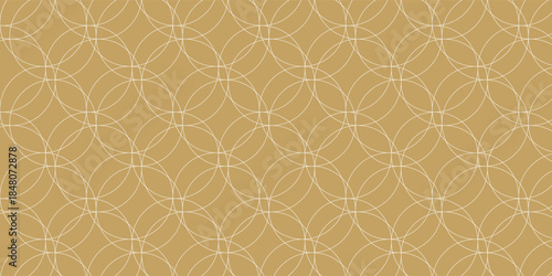 Abstract geometric pattern with circles, stripes, lines. Seamless vector background. White and gold ornament. Modern reticulated graphic design.