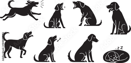 Collection of playful dog silhouettes showing various active poses and resting dog illustration