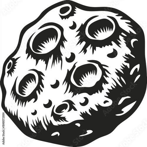 Monochrome Cartoon Asteroid with Craters and Comet Tail Icon on White Background
