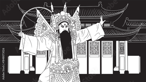 Traditional Chinese Opera Performer in Elaborate Costume and Mask on Stage Before Historic Temple Courtyard.