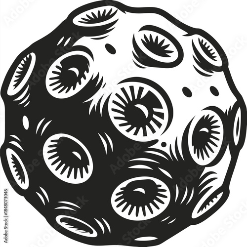 Cartoon Asteroid with Craters, Outlined in Bold Black, Isolated on White Backdrop, Comic Art