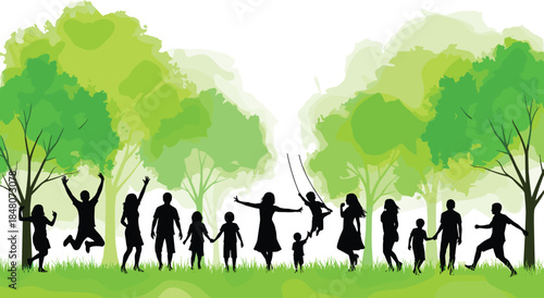 Happy children and adults enjoying outdoor activities in green park forest with trees, nature, leisure, fun, and community bonding.