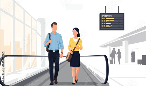 Business travelers walking together at airport terminal, man and woman with bags, departure board background, travel lifestyle, corporate journey, modern transportation