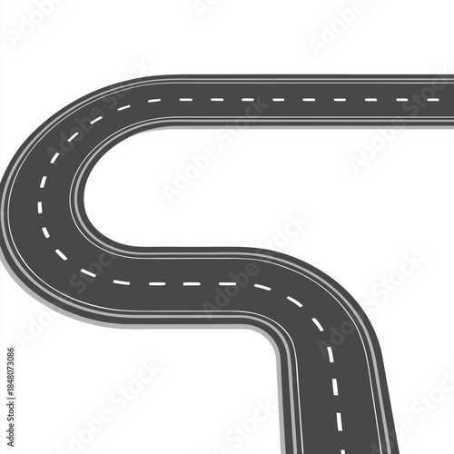 Winding Asphalt Road with Dashed White Lines and Gray Edges on White Backdrop