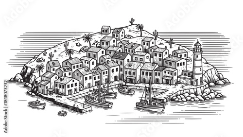 Coastal hillside town with harbor and boats, illustrated panorama.