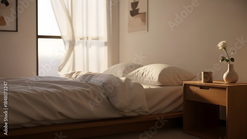 Cozy bedroom with white linens and wooden nightstand by window