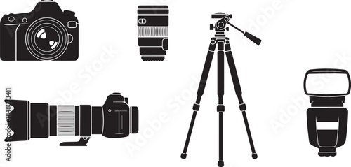 Photography equipment silhouette icons set dslr camera lens tripod flash professional gear