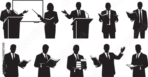 Professional business people silhouettes presenting and speaking at podium with whiteboard
