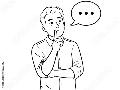 Thoughtful Young Man with Speech Bubble and Finger to Lips in Black and White