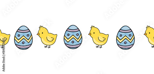 Charming vector illustration of cute chicks and patterned Easter eggs, creating a whimsical border for festive designs.