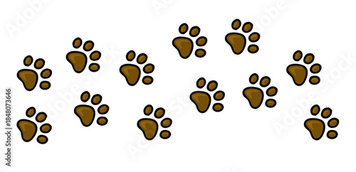 A charming vector illustration featuring a scattered pattern of brown dog paw prints with thick black outlines on a clean white background, evoking a playful and innocent canine theme.