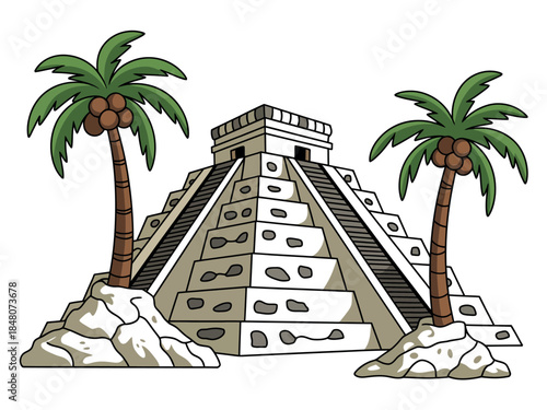 Ancient Mayan Pyramid with Palm Trees
