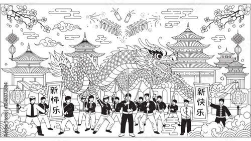 Traditional Chinese Temple Festival Parade with Pagodas, Lanterns, and Crowds.