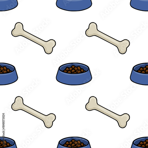 A charming vector seamless pattern featuring light beige dog bones and blue bowls filled with brown kibble, set against a clean white background, ideal for pet-themed designs.
