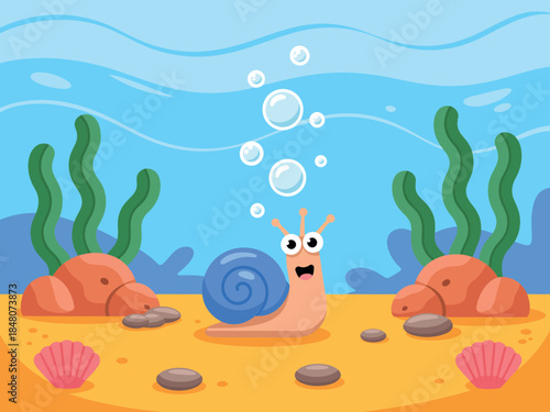 Cartoon Snail Underwater Scene Bubbles