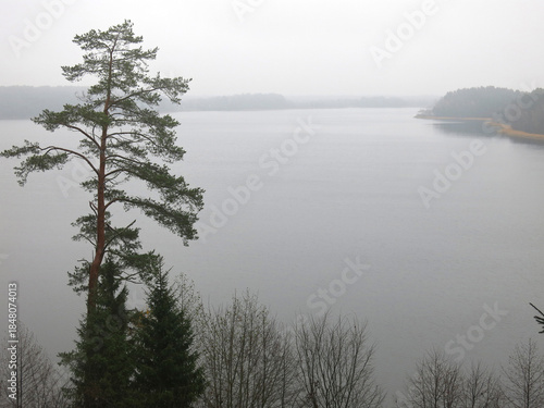 foggy autumn lake Sapsho in a National Park in the Smolensk Region, Russia                               