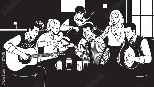 Lively black and white scene of friends playing guitar and accordion in a tavern with drinks on the table.