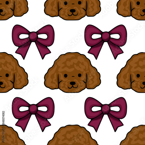 A charming vector pattern featuring adorable brown poodle heads adorned with deep plum bows, creating a delightful and repeating design.