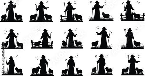 Shepherd and sheep silhouette set depicting rural pastoral scenes, grazing livestock, countryside farming life, and traditional agricultural heritage