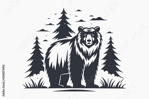 Stylized Silhouette of a Bear Standing Tall in a Forest of Evergreen Trees Design